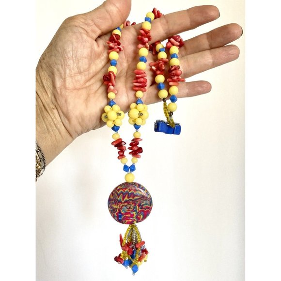 DietzJewels Mokume Gane Polymer Pendant Coral Vintage Glass Necklace Earring Set - Picture 5 of 8